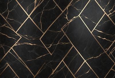 The primary subject of the image is a black and gold marble tile pattern. The setting is a black and gold marble tile wall, which serves as the background. The visual style is a close-up of the marble tile pattern, showcasing the intricate design. The colors and mood of the image are predominantly black and gold, giving it a luxurious and elegant appearance.