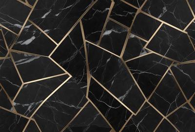 The primary subject of the image is a black and gold marble pattern. The setting is a black and gold marble wall, which serves as the background. The visual style is a close-up of the marble pattern, showcasing the intricate details of the design. The colors and mood of the image are predominantly black and gold, creating a luxurious and elegant atmosphere.