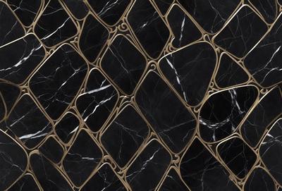 The primary subject of the image is a black and gold marble pattern. The setting is a black and gold marble wall, which serves as the background. The visual style is a close-up of the marble pattern, showcasing the intricate details of the design. The colors and mood of the image are predominantly black and gold, giving it a luxurious and elegant appearance.