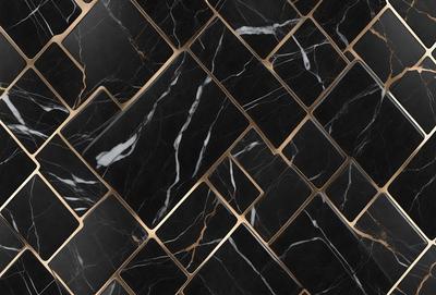 The primary subject of the image is a black and white marble tile pattern. The setting is a black and white marble tile wall, which serves as the background. The visual style is a close-up of the marble tile pattern, showcasing the intricate design. The colors and mood of the image are predominantly black and white, giving it a classic and elegant appearance.