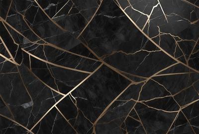 The primary subject of the image is a black and gold marble tile. The setting is a wall with a pattern of gold and black tiles. The visual style is a close-up of the tile, showcasing its intricate design. The colors and mood of the image are predominantly black and gold, giving it a luxurious and elegant appearance.