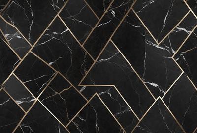 The primary subject of the image is a black and gold marble patterned wallpaper. The setting is a black and gold marble wall, which serves as the background. The visual style is a close-up of the marble pattern, showcasing the intricate design. The colors and mood of the image are predominantly black and gold, giving it a luxurious and elegant appearance.
