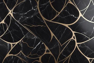 The primary subject of the image is a black and gold marble pattern. The setting is a black marble surface, and the visual style is a close-up of the marble pattern. The colors and mood of the image are predominantly black and gold, creating a luxurious and elegant atmosphere.