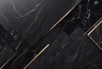 The primary subject of the image is a black marble countertop with a gold accent. The setting is a kitchen, and the visual style is a photo. The countertop has a black and gold color scheme, giving it a luxurious and elegant appearance.