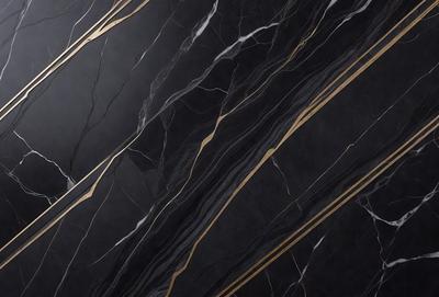 The primary subject of the image is a marble wall with a black and gold pattern. The setting is a room with a black background, and the visual style is a close-up of the marble wall. The colors and mood of the image are predominantly black and gold, creating a luxurious and elegant atmosphere.