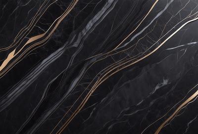 The primary subject of the image is a black and gold marble pattern. The setting is a black background, and the visual style is a close-up of the marble pattern. The colors and mood of the image are predominantly black and gold, creating a sophisticated and elegant atmosphere.