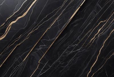 The primary subject of the image is a black marble countertop with gold accents. The setting is a kitchen or bathroom counter, and the visual style is a close-up of the marble countertop. The dominant colors are black and gold, creating a luxurious and elegant atmosphere.