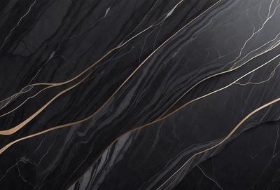 The primary subject of the image is a close-up of a marble countertop with a pattern of gold streaks. The setting is a kitchen, and the visual style is a photo. The countertop has a black and gold color scheme, giving it a luxurious and elegant appearance.