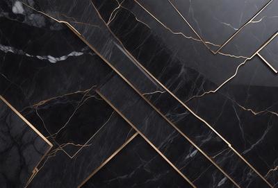 The primary subject of the image is a black and gold marble tile. The setting is a black and gold marble wall, which serves as the background. The visual style is a close-up of the marble tile, showcasing its intricate design. The colors and mood of the image are predominantly black and gold, giving it a luxurious and elegant appearance.