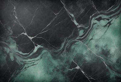 The primary subject of the image is a marble-like surface with a green and black color scheme. The setting is a black and white background, which adds a sense of depth and contrast to the scene. The visual style is a combination of a photo and digital art, creating a unique and artistic representation of the marble surface. The colors and mood of the image are predominantly dark and moody, with the green and black tones evoking a sense of sophistication and elegance.