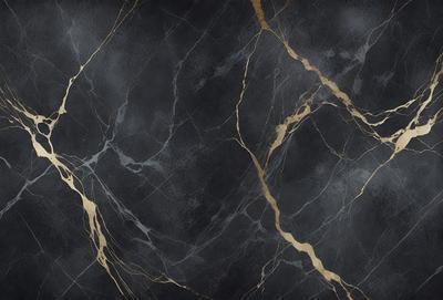 The primary subject of the image is a black and gold marble wall. The setting is a dark room with a black background. The visual style is a close-up of the marble wall, showcasing its intricate patterns and textures. The dominant colors are black and gold, creating a luxurious and elegant atmosphere.