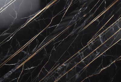 The primary subject of the image is a marble wall with a black background. The wall features a pattern of gold stripes, giving it a luxurious and elegant appearance. The visual style of the image is a close-up of the marble wall, showcasing its intricate details and textures. The colors and mood of the image are predominantly black and gold, creating a sophisticated and timeless atmosphere.