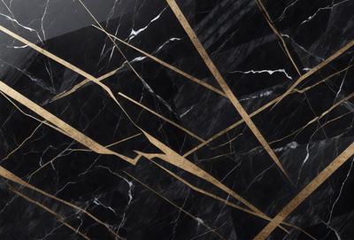 The primary subject of the image is a marble wall with a gold pattern. The setting is a room with a black background. The visual style is a close-up of the marble wall, showcasing the gold pattern. The colors and mood of the image are predominantly black and gold, creating a luxurious and elegant atmosphere.