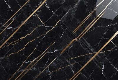 The primary subject of the image is a marble countertop with a gold and black pattern. The setting is a kitchen, and the visual style is a close-up of the marble countertop. The dominant colors are gold and black, creating a luxurious and elegant atmosphere.