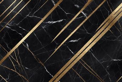The primary subject of the image is a marble surface with a gold pattern. The setting is a black and gold marble wall, which serves as the background. The visual style is a close-up of the marble surface, showcasing the intricate gold pattern. The colors and mood of the image are predominantly black and gold, creating a luxurious and elegant atmosphere.