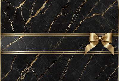 The primary subject of the image is a gold bow, which is placed on a black marble surface. The setting is a black and gold marble background, which adds a luxurious and elegant touch to the scene. The visual style is a combination of digital art and illustration, creating a unique and eye-catching design. The colors and mood of the image are predominantly black and gold, giving it a sophisticated and timeless appearance.
