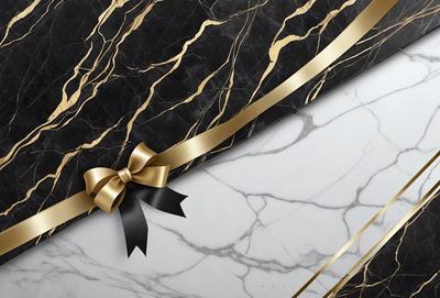 The primary subject of the image is a black bow with gold trim, which is placed on a marble surface. The setting is a black and gold marble countertop, and the visual style is a close-up of the bow. The colors and mood of the image are elegant and sophisticated, with the gold accents adding a touch of luxury to the overall atmosphere.