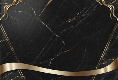 The primary subject of the image is a marble countertop with a gold border. The setting is a kitchen, and the visual style is a combination of a photo and digital art. The countertop has a black and gold color scheme, giving it a luxurious and elegant appearance.