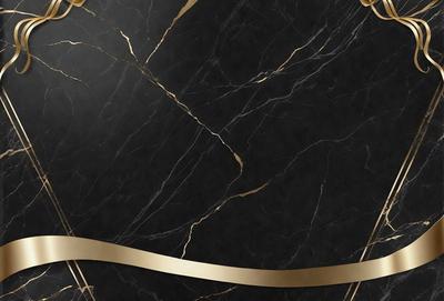 The primary subject of the image is a marble countertop with a gold border. The setting is a kitchen, and the visual style is a close-up of the marble countertop. The colors and mood of the image are predominantly black and gold, giving it a luxurious and elegant appearance.
