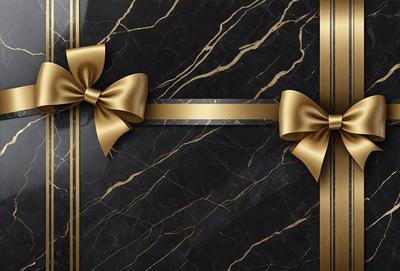 The primary subject of the image is a black marble box with a gold bow on top. The setting is a black marble surface, and the visual style is a photo. The colors and mood of the image are predominantly black and gold, giving it a sophisticated and elegant appearance.