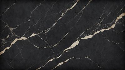 The primary subject of the image is a marble countertop with a black and white pattern. The setting is a kitchen, and the visual style is a close-up of the countertop. The colors and mood of the image are predominantly black and white, giving it a classic and elegant appearance.