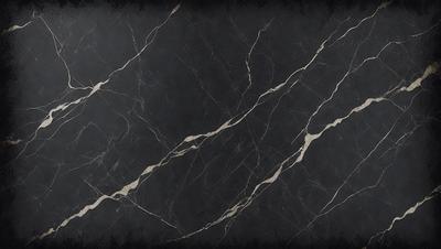 The primary subject of the image is a black marble countertop with a pattern of white veins. The setting is a kitchen, and the visual style is a close-up of the marble countertop. The colors and mood of the image are predominantly black and white, giving it a classic and elegant appearance.