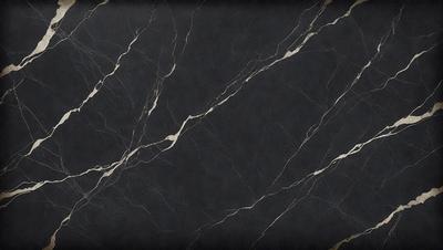 The primary subject of the image is a marble countertop with a black background. The countertop features a pattern of white and black veins, giving it a unique and elegant appearance. The visual style of the image is a close-up of the marble countertop, showcasing its intricate details. The colors and mood of the image are predominantly black and white, with the white veins on the black marble creating a striking contrast.