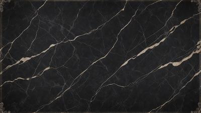 The primary subject of the image is a black marble countertop with a pattern of white veins. The setting is a kitchen, and the visual style is a close-up of the marble countertop. The colors and mood of the image are predominantly black and white, giving it a classic and elegant appearance.