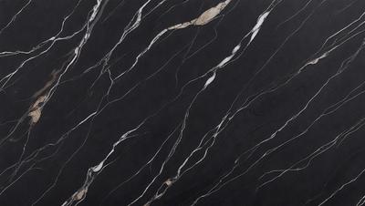 The primary subject of the image is a black and white marble countertop. The setting is a kitchen, with the countertop being the main focus of the scene. The visual style is a close-up of the marble countertop, showcasing its intricate patterns and textures. The colors and mood of the image are predominantly black and white, giving it a classic and elegant appearance.