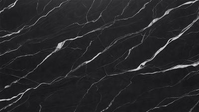The primary subject of the image is a black marble countertop with a white vein running through it. The setting is a kitchen, and the visual style is a close-up of the marble countertop. The colors and mood of the image are predominantly black and white, with the white vein adding a touch of contrast and elegance to the overall appearance.