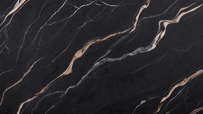 The primary subject of the image is a black marble countertop with a patterned design. The setting is a kitchen, and the visual style is a close-up of the marble countertop. The colors and mood of the image are dark and dramatic, with the black marble providing a striking contrast against the background.
