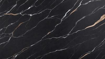 The primary subject of the image is a black marble countertop with a pattern of white veins. The setting is a kitchen, and the visual style is a close-up of the marble countertop. The colors and mood of the image are predominantly black and white, giving it a sleek and modern appearance.