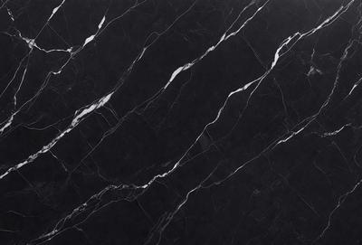 The primary subject of the image is a marble countertop with a black and white pattern. The setting is a kitchen, and the visual style is a close-up of the marble countertop. The colors and mood of the image are predominantly black and white, giving it a classic and elegant appearance.
