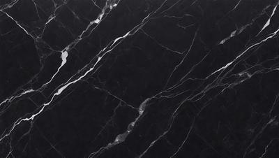 The primary subject of the image is a marble countertop with a black and white pattern. The setting is a kitchen, and the visual style is a close-up of the marble countertop. The colors and mood of the image are predominantly black and white, giving it a classic and elegant appearance.