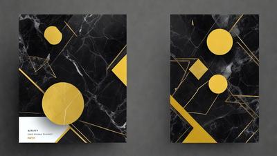 The primary subject of the image is a black and yellow marble pattern. The setting is a gray background, and the visual style is a combination of digital art and illustration. The dominant colors are black and yellow, creating a bold and striking pattern. The overall atmosphere of the image is modern and sophisticated.