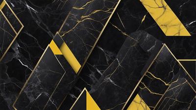 The primary subject of the image is a black and yellow marble pattern. The setting is a black and yellow marble wall, which serves as the background. The visual style is a combination of photo and digital art, creating a unique and eye-catching pattern. The dominant colors are black and yellow, giving the image a bold and striking appearance.
