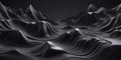 The primary subject of the image is a mountainous landscape, with a dark, moody atmosphere. The setting is a black and white image, which gives it a classic and timeless feel. The visual style is a combination of photo and digital art, creating a unique and intriguing scene. The colors and mood are predominantly dark, with the black and white palette adding to the dramatic and mysterious ambiance.