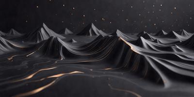 The primary subject of the image is a mountain range, which is depicted in a digital art style. The setting is a black background, and the visual style gives the impression of a painting or drawing. The colors and mood of the image are predominantly dark, with the mountain range being the main focus.