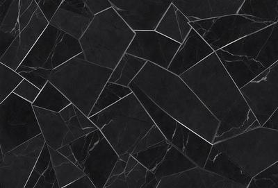 The primary subject of the image is a black and white marble tile pattern. The setting is a black background, which contrasts with the white and black marble tiles. The visual style is a close-up of the marble tile pattern, showcasing the intricate design. The colors and mood of the image are predominantly black and white, giving it a classic and elegant appearance.