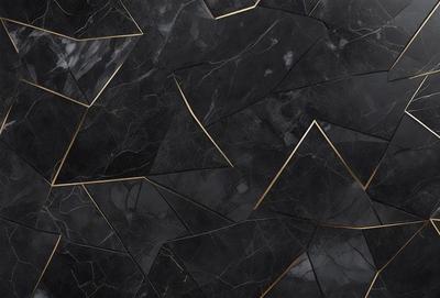 The primary subject of the image is a black and gold marble pattern. The setting is a black background, and the visual style is a close-up of the marble pattern. The dominant colors are black and gold, creating a luxurious and elegant atmosphere.