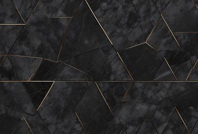 The primary subject of the image is a black and gold marble tile. The setting is a black and gold marble wall, which serves as the background. The visual style is a close-up of the marble tile, showcasing its intricate design. The colors and mood of the image are predominantly black and gold, giving it a luxurious and elegant appearance.