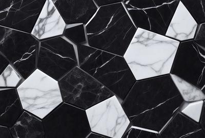 The primary subject of the image is a black and white marble pattern. The setting is a black and white marble wall, which serves as the background. The visual style is a close-up of the marble pattern, showcasing the intricate details of the design. The colors and mood of the image are predominantly black and white, giving it a classic and elegant appearance.