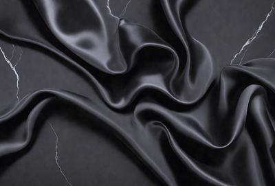 The primary subject of the image is a close-up of a black fabric, possibly a piece of leather or a curtain. The setting is a dark background, which emphasizes the fabric's texture and appearance. The visual style is a close-up, focusing on the details of the fabric. The colors and mood of the image are predominantly dark, with the black fabric being the main focus.