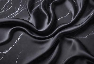 The primary subject of the image is a close-up of a black fabric, possibly a piece of clothing or a curtain. The setting is a black marble surface, which serves as the background. The visual style appears to be a close-up of the fabric, possibly a photo or a digital art piece. The colors in the image are predominantly black, giving the scene a dark and moody atmosphere.