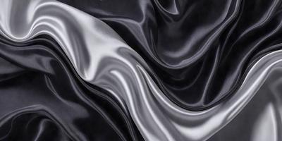 The primary subject of the image is a close-up of a black and silver fabric. The setting is a black background, which contrasts with the fabric. The visual style is a combination of a photo and digital art, creating a unique and intriguing appearance. The dominant colors are black and silver, with the black fabric and silver fabric creating a striking contrast. The overall atmosphere of the image is elegant and sophisticated.