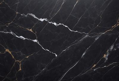 The primary subject of the image is a marble countertop with a black background. The countertop features a pattern of gold and white streaks, giving it a luxurious and elegant appearance. The visual style of the image is a close-up of the marble countertop, highlighting its unique texture and design. The colors and mood of the image are predominantly black and gold, creating a sophisticated and timeless atmosphere.