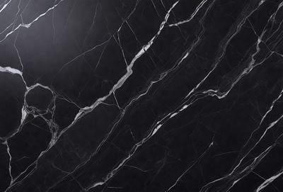 The primary subject of the image is a marble countertop with a black background. The countertop features a pattern of white and black stripes, giving it a unique and elegant appearance. The visual style of the image is a close-up of the marble countertop, showcasing its intricate details and texture. The colors and mood of the image are predominantly black and white, creating a sophisticated and timeless atmosphere.