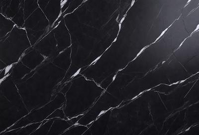 The primary subject of the image is a marble countertop with a black and white pattern. The setting is a kitchen, and the visual style is a close-up of the countertop. The colors and mood of the image are predominantly black and white, giving it a classic and elegant appearance.