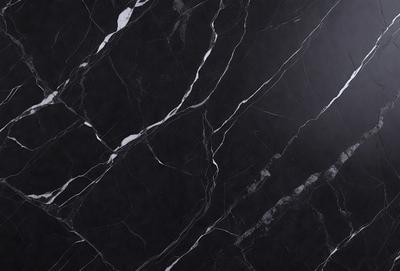The primary subject of the image is a black and white marble tile. The setting is a dark room, and the visual style is a close-up of the tile. The colors and mood of the image are predominantly dark, with the black and white marble tile being the main focus.