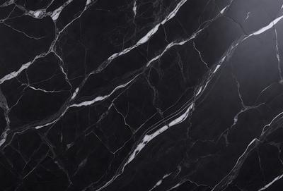 The primary subject of the image is a marble countertop with a black and white pattern. The setting is a kitchen, and the visual style is a close-up of the marble countertop. The colors and mood of the image are predominantly black and white, giving it a classic and elegant appearance.